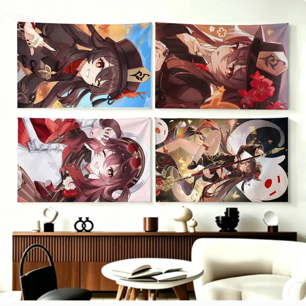 H-Hu Tao Genshin Flags Wall Hanging Background Art Banner for Bedroom Home Outdoor Decor