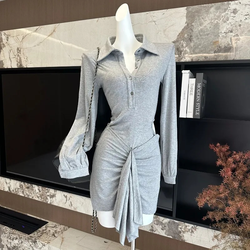 

Spicy Girl Polo-neck Dress Women's Summer Irregular Pleated Long-sleeved Hollow Slim Long Dress Fashion Female Clothes