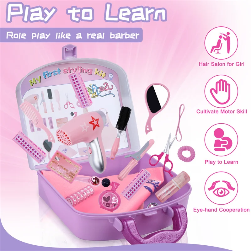 Girls Beauty Hair Salon Set Toy Pretend Play Stylist Hairdryer Straightener Styling Tools Collection Kit DIY Toys For Kids