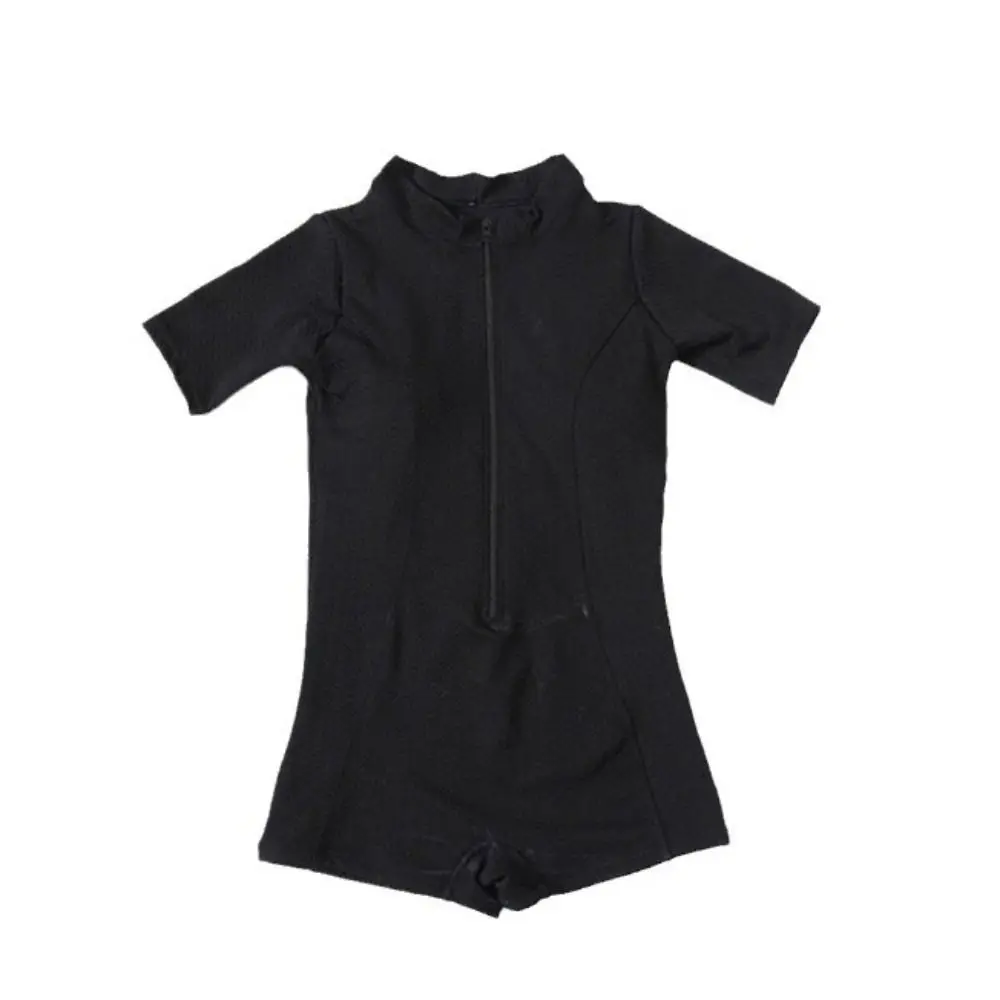 Bodysuit Short Sleeve Swimming Suit Solid Half High Collar One Piece Swimsuit Blue High Neck Rash Guard Swimming
