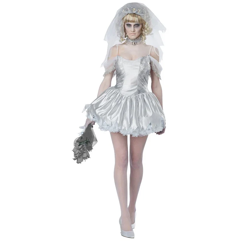 Classic Lady White Corpse Bride Costume Day Of The Dead Outfit Graveyard Zombie Cosplay Fancy Party Dress Carnival Halloween