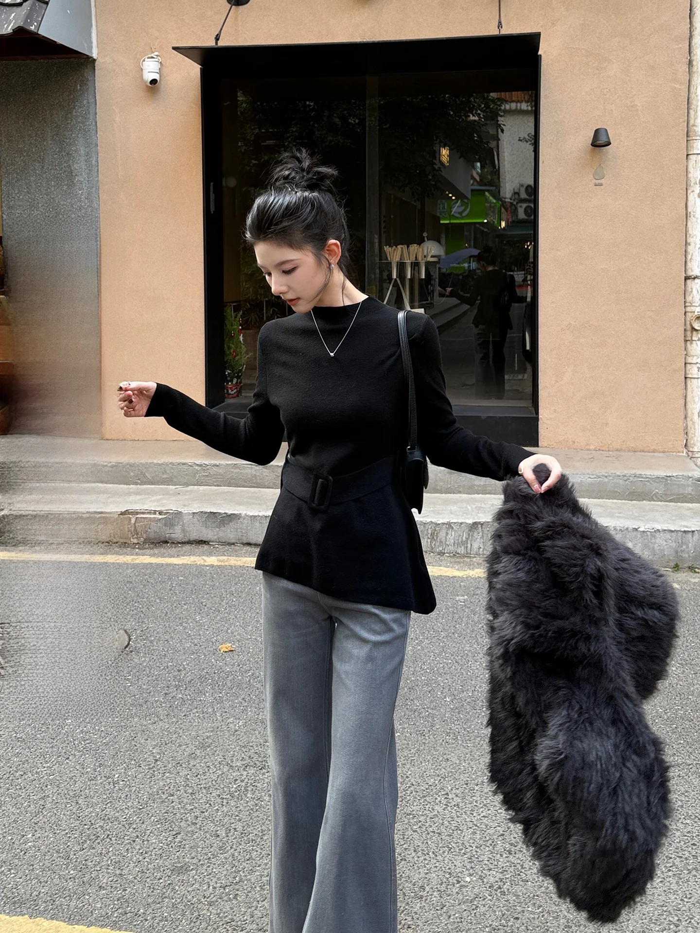 

Wenrui Jang Woolen Knitted Sweater Women's High Collar Tied Top Base Layer irt mat Sle Medium Softn Polyester