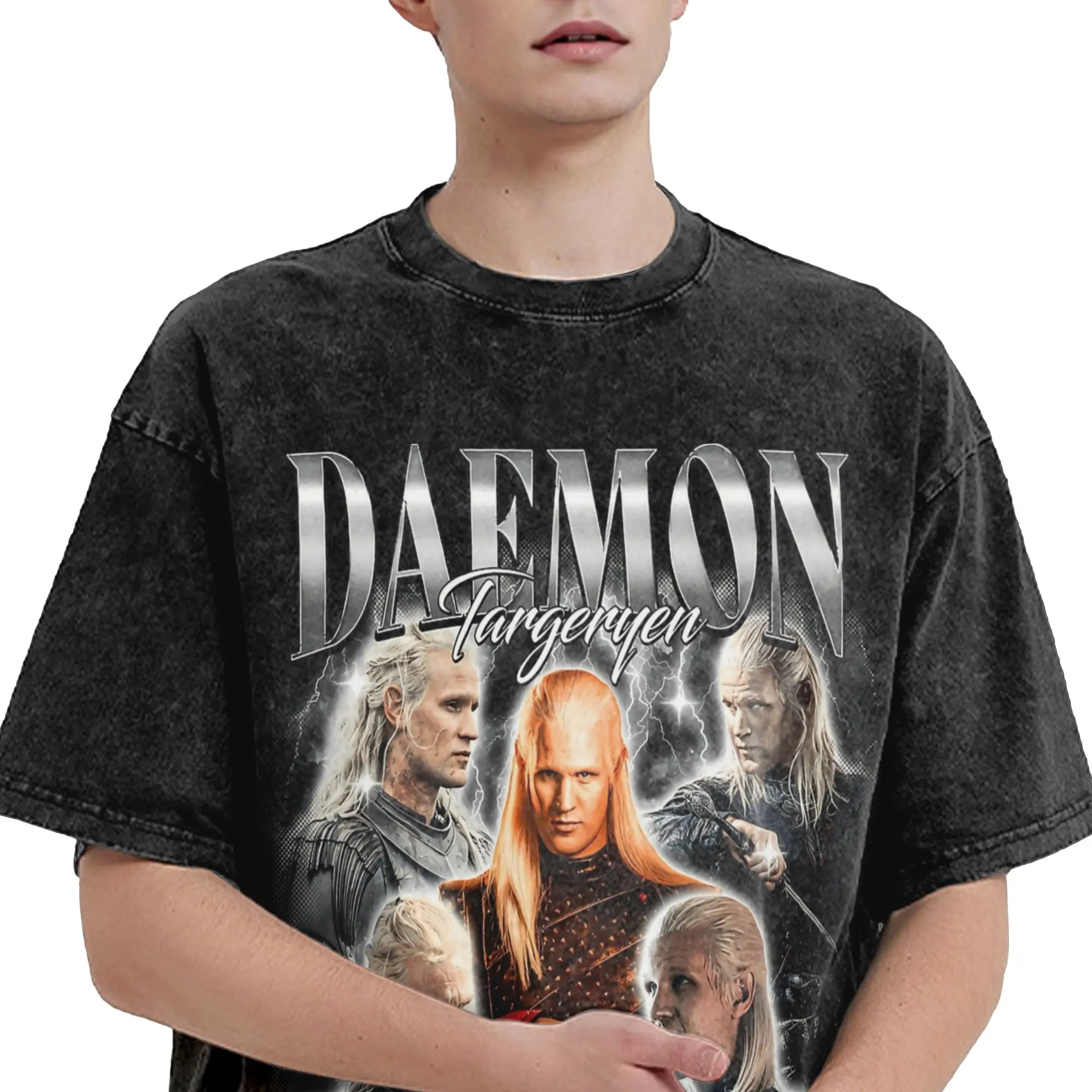 Daemon Targaryen Houses of The Dragons Washed T-Shirts Streetwear Hip Hop Vintage T-Shirt Herren Baumwolle Oversize Sommer – Detail 2