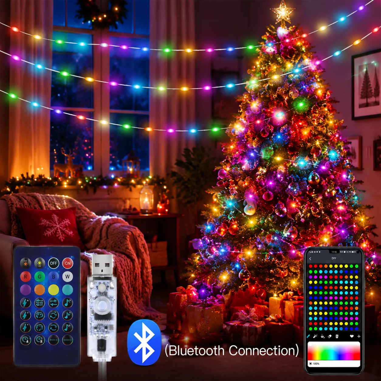 20M Dream Color USB 5V LED String Light Bluetooth APP RGBIC Addressable Fairy Lights Birthday Party Garland Christmas Decor