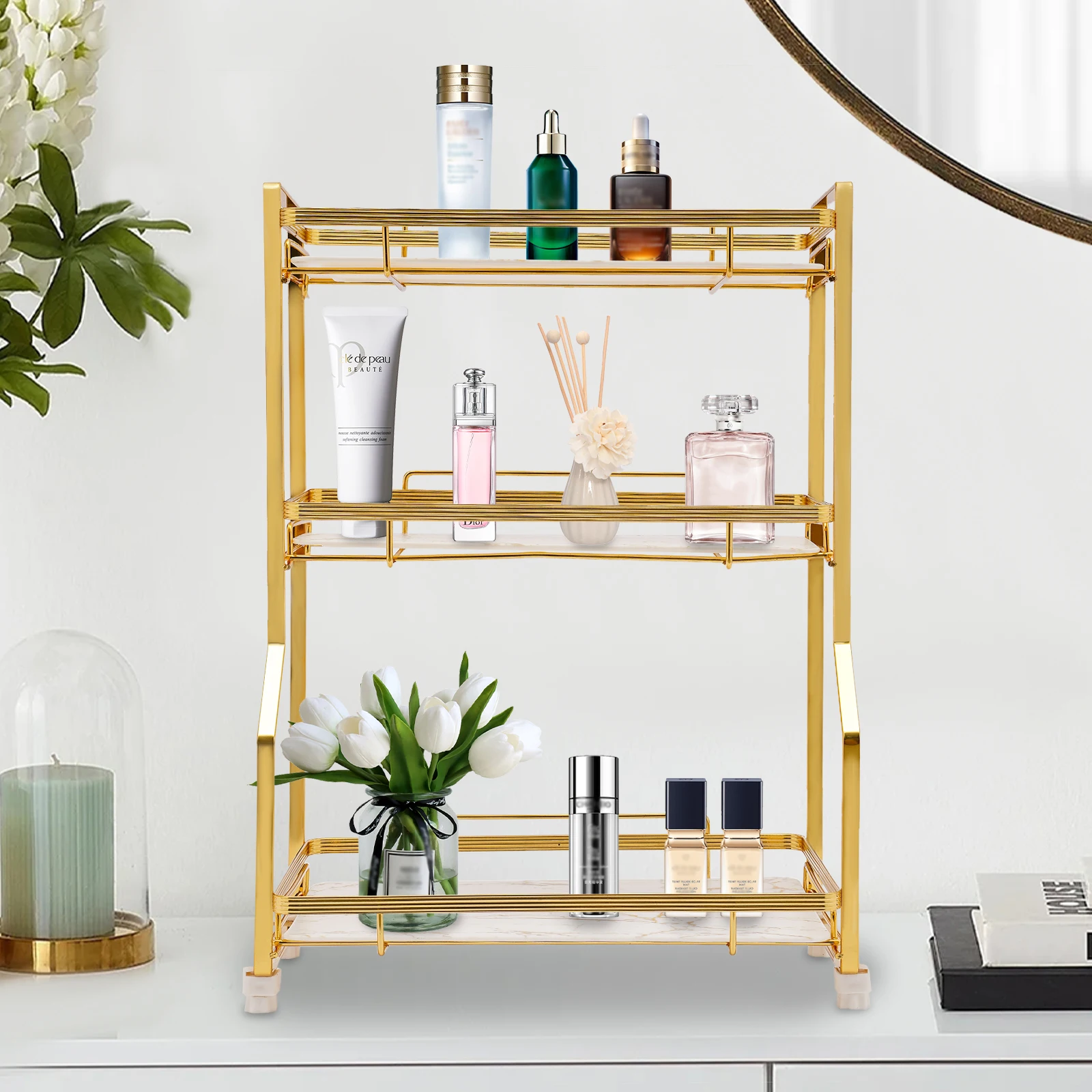 

3-Tier Bathroom Countertop Organizer, Elevated Foot Pads, Guardrails, Electroplated Iron & Plastic for Secure and Efficient Stor
