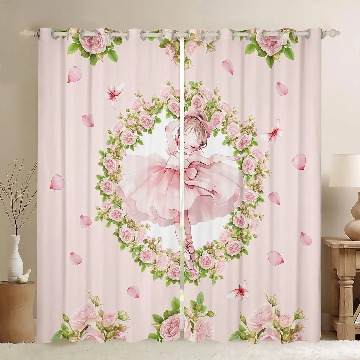 Romantic Pink Floral Curtains Polyester Drapes Home Decor Fairy Garden Blossom Window Panels Blush Pink Princess Style Bedroom L