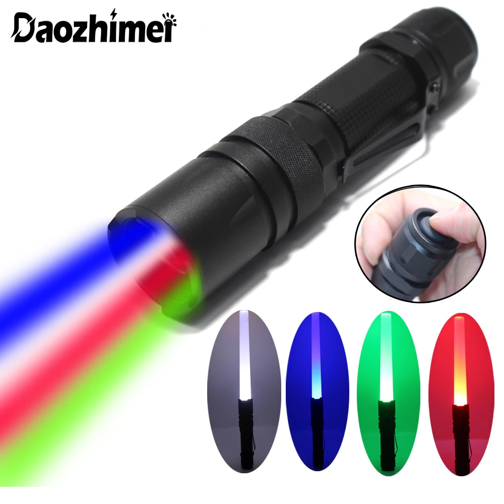 Red Green Blue White 4 Color in 1 LED Multicolor Flashlight Zoomable 18650 Lamp flash Hunting Camping Torch Fishing Lamp