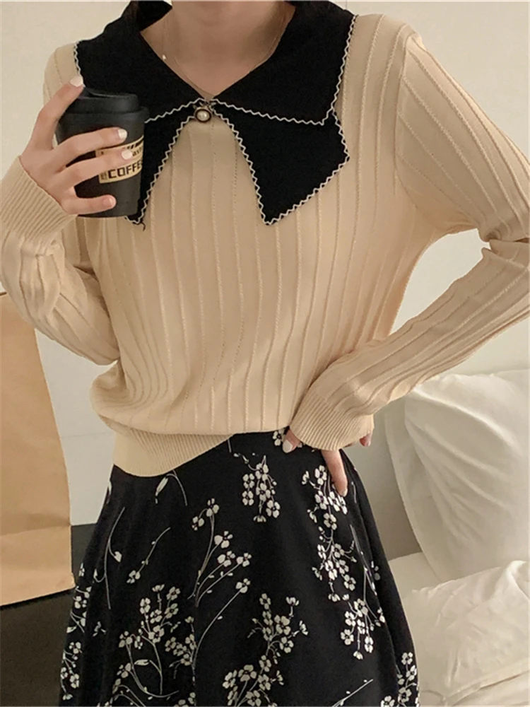 Colorfaith SW5224DG New 2023 Bow Oversized Vintage Pullovers Elegant Lady Wild Korean Fashion Knitted Women Spring Winter Tops