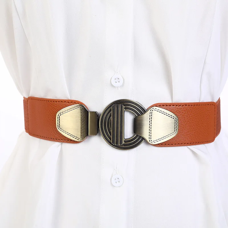 Women\'s Elastic Stretch Cinch Belt For Dress Metal Buckle Wide Waist Belt For Dress Decoration