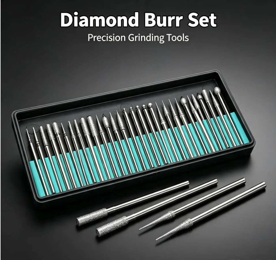 30pcs/lot Shank Diamond Burs Set With Box For Electric Grinder Power Accessories Abrasive Drill Bit Rotary Tool Sets 2.35mm