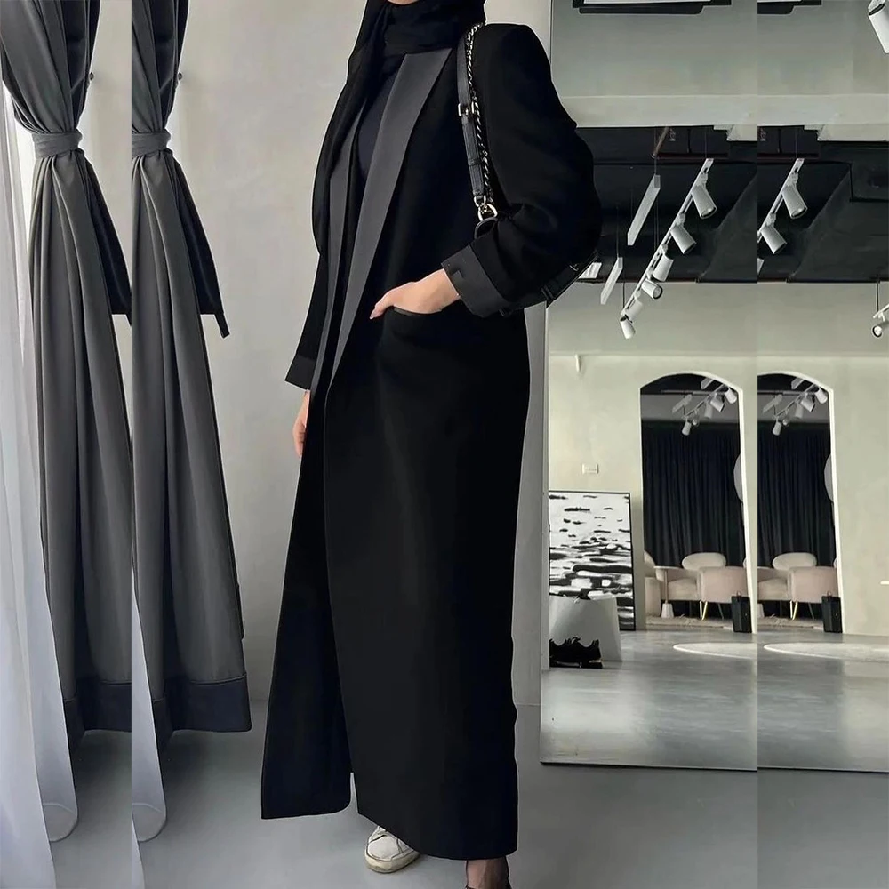 Abaya Dubai jaket panjang kerah Lapel syal hitam mewah 1 potong pakaian wanita kualitas tinggi pakaian luar mantel Muslim Formal 2024