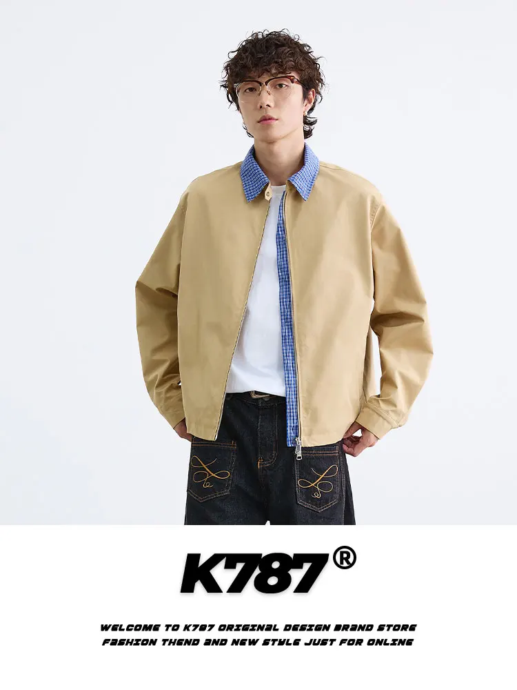 

K787 American Retro Plaid Color Blo Collar Jaet Loose Casual ex Autumn Outerwear Youth Faion Cotton Zipper Coat