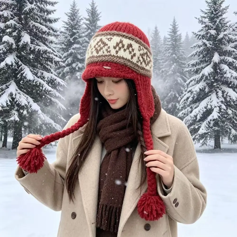 Koreanischer Stil, Fair-Isle-Mütze mit Ohrenklappen, Quasten, Ohrenschutz, Jacquard-Strickmütze, warme, kältebeständige Mütze, Bekleidungszubehör. – Detail 10