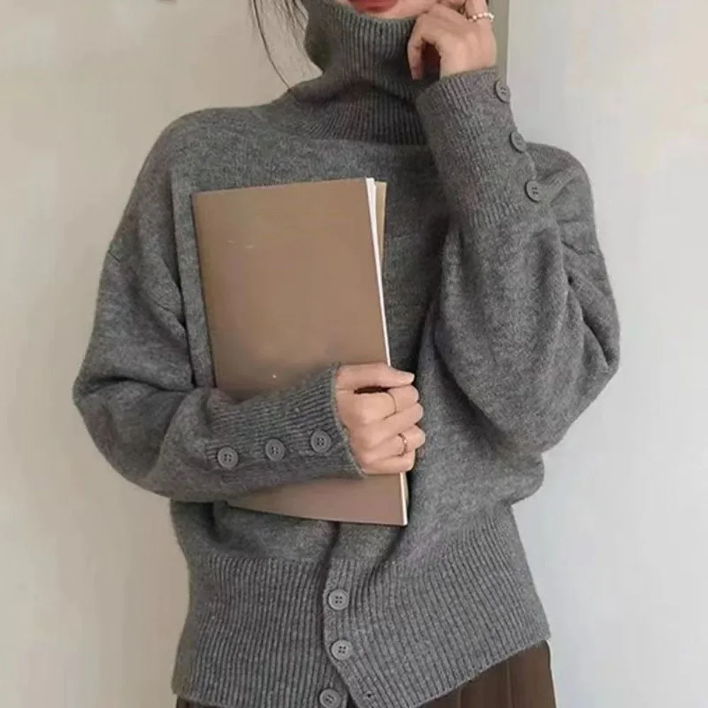 

Персонализированный простой офисный женский тонкий трикотаж, однотонная водолазка с высокой талией, новые свитера, винтажный корейский шикарный ленивый новый джемпер