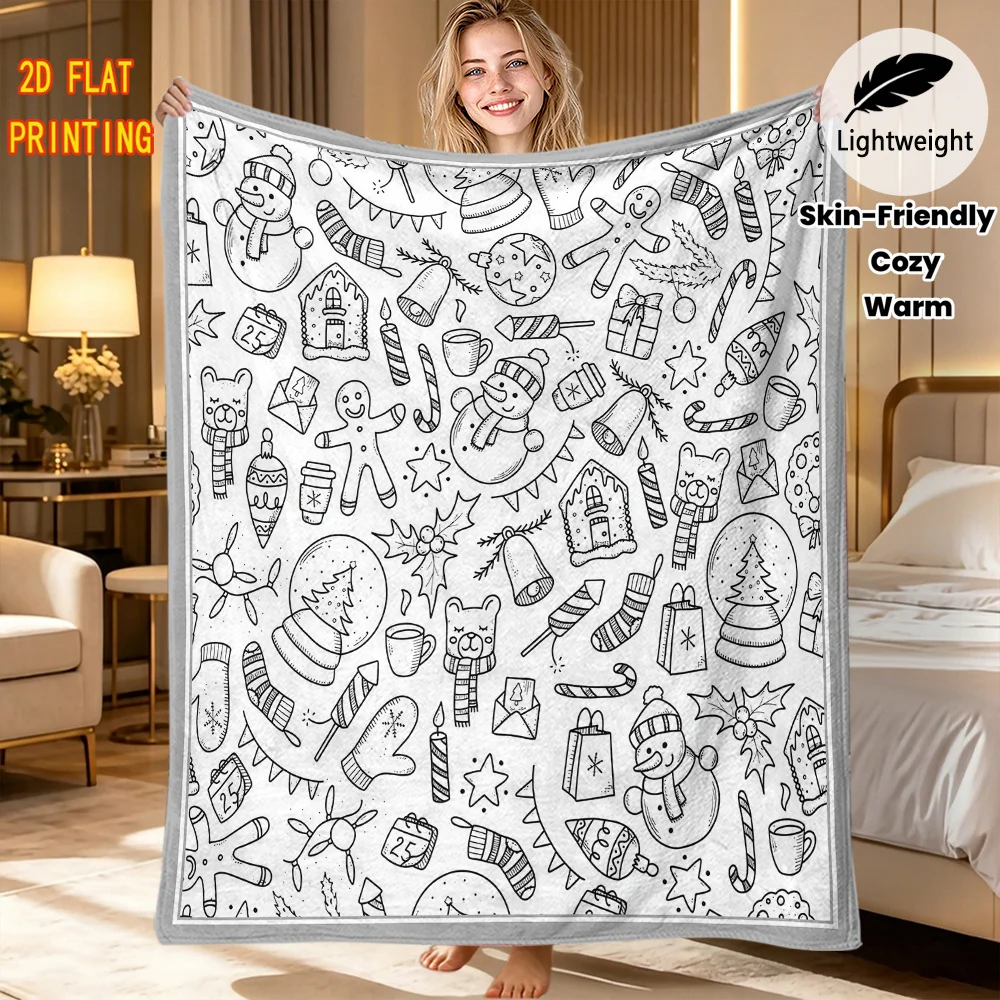 Xmas Gift Idea DIY blanket Snowman Tree Gift Line Drawing Blanket Soft Fleece Washable Coloring Throw Home Ornament