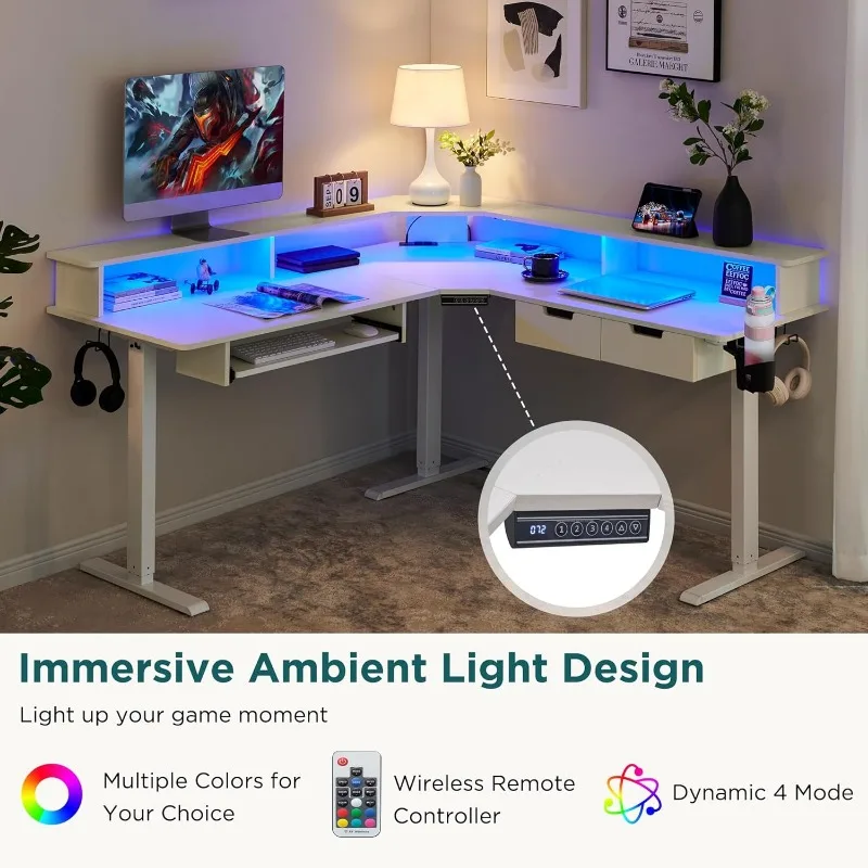 RedLemon 60 Inches L Shaped Electric Standing Desk, Height Adjustable Corner Gaming Desk with Drawers, Keyboard Tray
