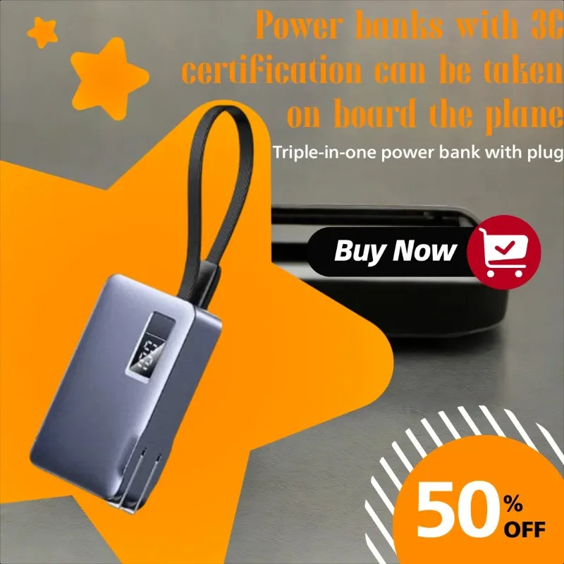 

Three-in-one Fast Charging Power Bank with Built-in Cable and Plug For Huawei For Apple