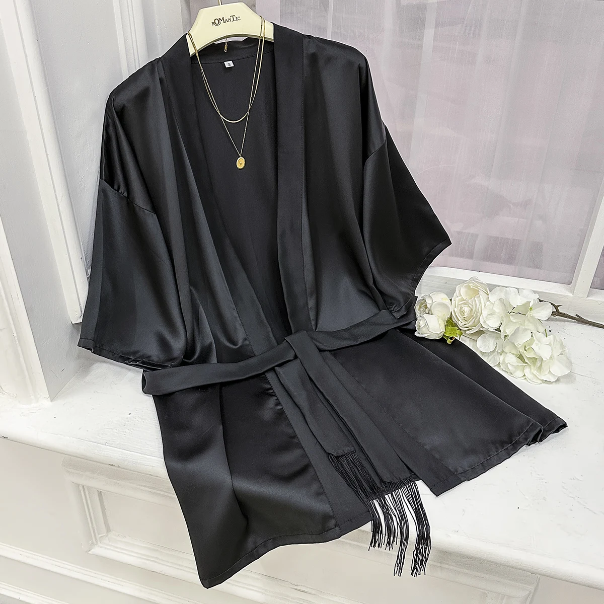 Black Silky Midsleeve Women's Nightgown Summer Short Cardigan Lace-Up Bath Gown Thin Sexy Nightgown