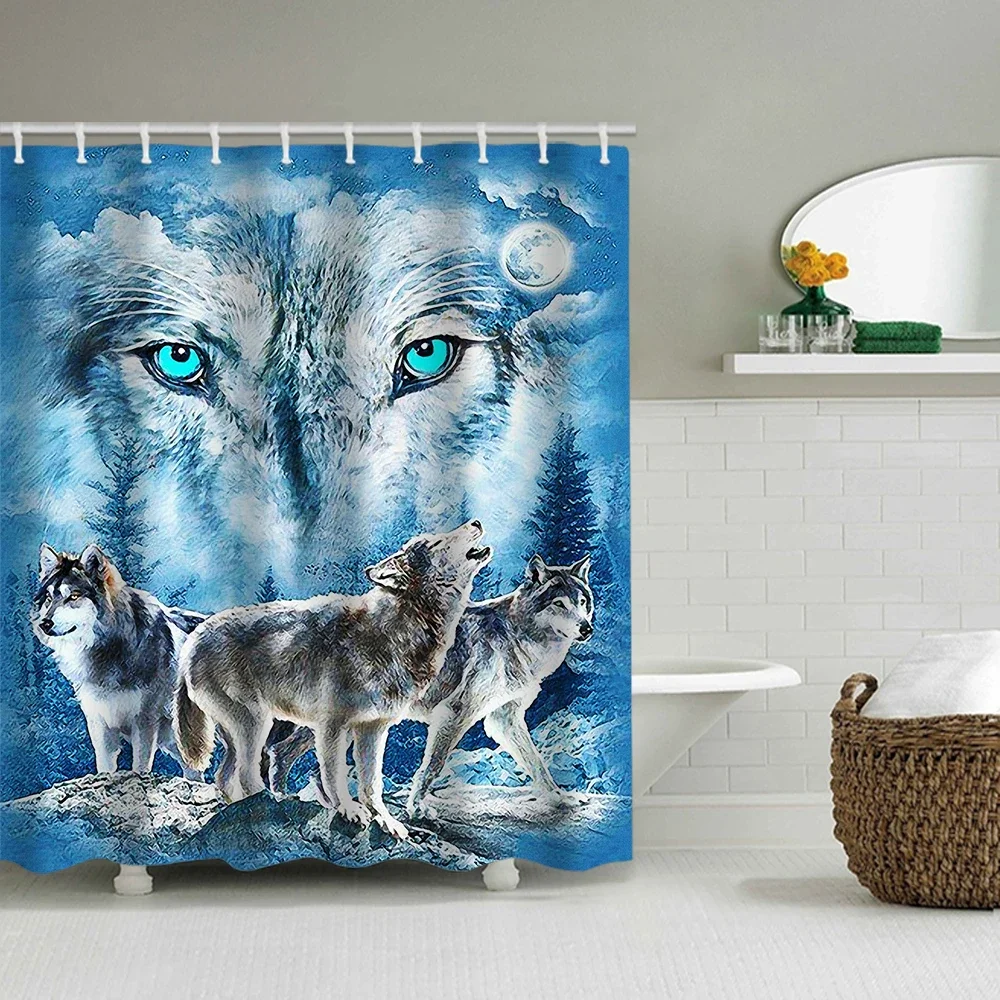 1/4 Wolf Eyed Wolf Shower Curtains, Toilet Seat Decoration, Shower Curtain with Carpet and Toilet Lid, 12 70.8x70.8 inch Hooks