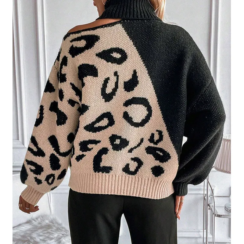 Pullover Knit Sweater Leopard Print Cut Out Sweater Winter Long Sleeve Warm Oversized Loose Sweaters Casual Pullovers Sweater