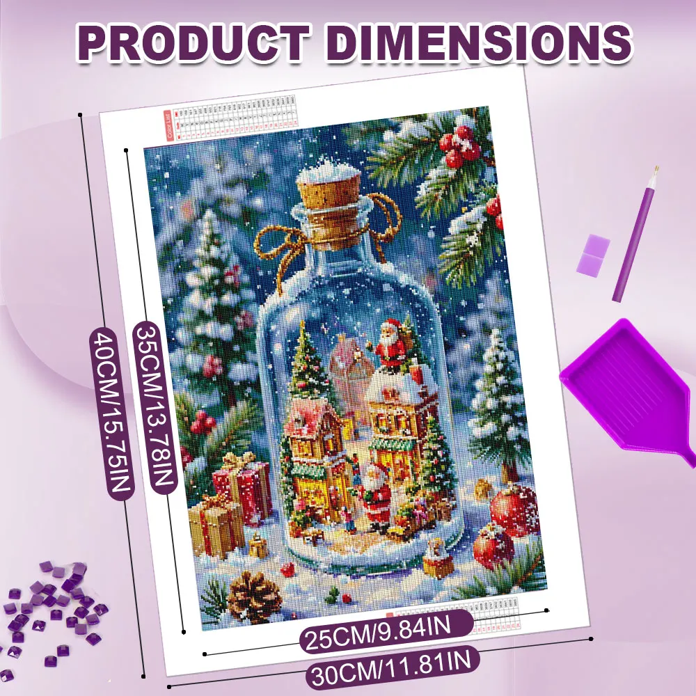 Huacan 5D DIY Diamond Painting Glass Bottle Christmas Town Diamond Embroidery Landscape Complete Kit Holiday Gift