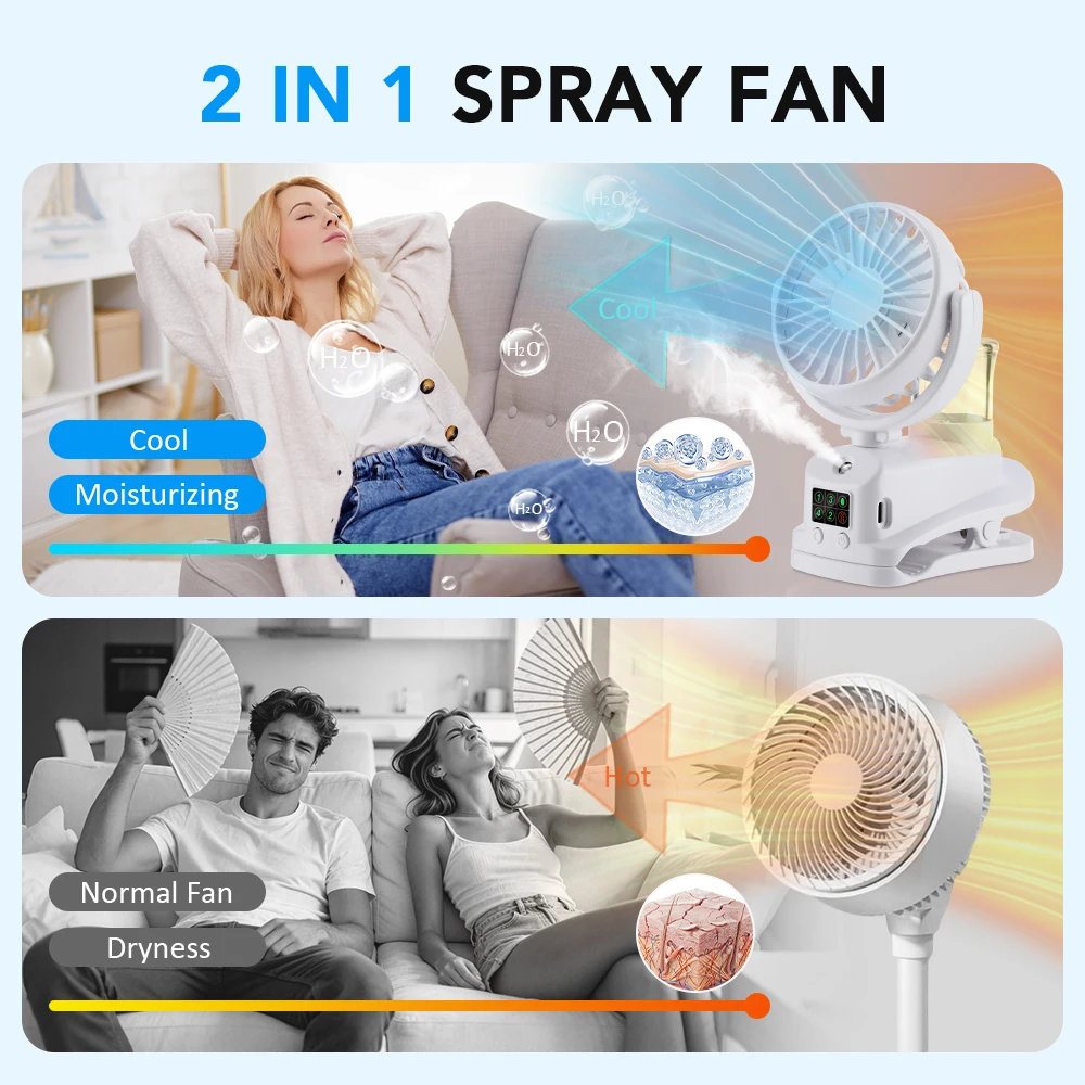 Portable Clip Fan Rechargeable Desktop Fan Wireless Ceiling Electric Fan Mini Spray Mister Humidifier Fan Rotating Clip Fan