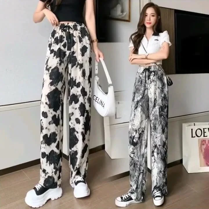 Summer Casual Loose Wide Leg Pants Women's Tie Dye Watercolor Ice Silk Loose Long Trousers Ethnic Style Leopard Print