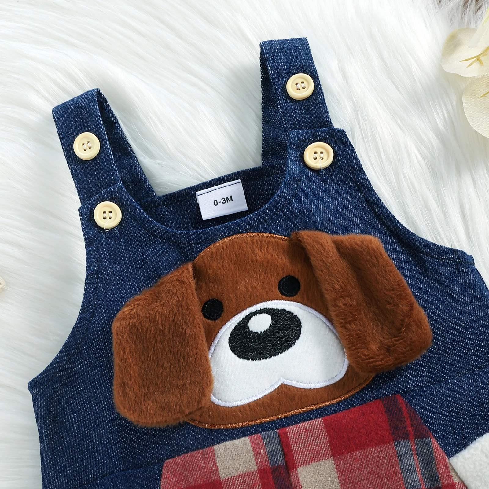 2024 Winter New Baby Boy 2Pcs Outfit Long Sleeve Plaid Romper Cartoon Dog Pattern Long Suspender Pants Overalls for 0-18Months