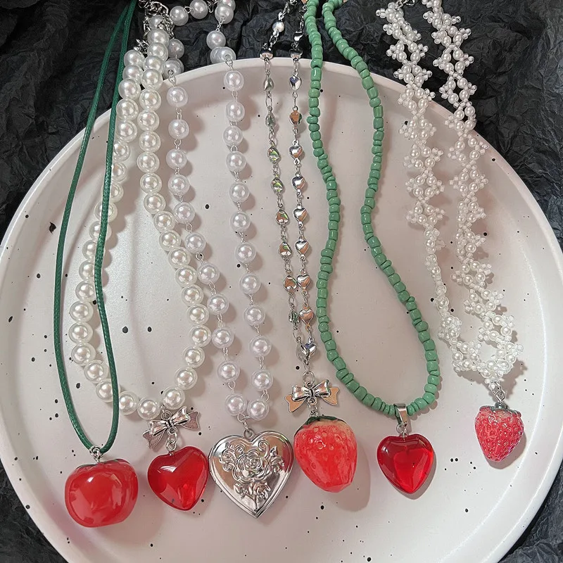 Cute Red Cherry Choker Necklace For Women Girls Fruit Apple Orange Beads Necklaces Imitation Pearl Chain Necklace Summer Jewelry