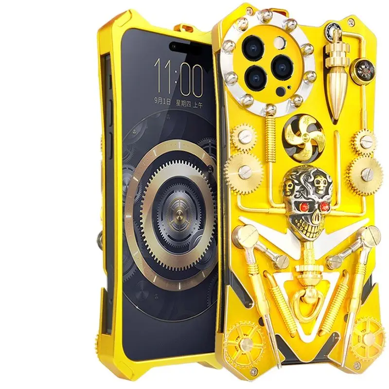 

Original Luxury Armor Metal Aluminum Phone Case For Iphone 14 13 12 11Pro Max Plus Cover Mechanical Purely Handmade Skull Shell