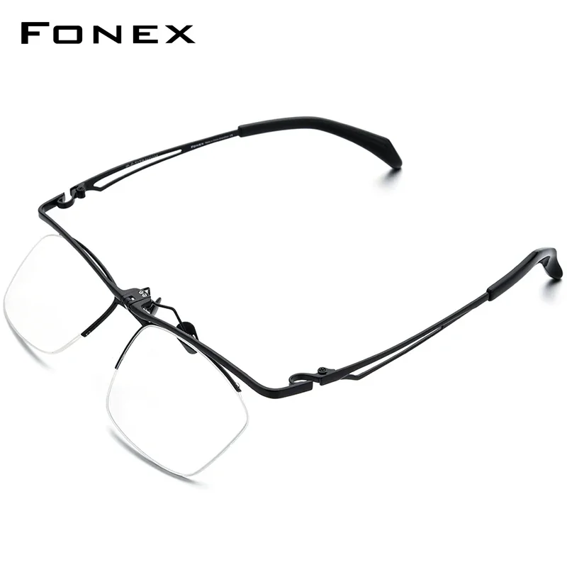 FONEX Pure Titanium Glasses Frame Men 2024 New 180° Flip Semi Rimless Square Eyeglasses Women Half Eyewear F8044