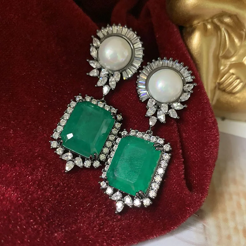 Charms S925 Silver Needle Square Emerald Crystal Pearl Earrings Retro Grace Vintage Dark Green Earring Women Jewelry Accessory