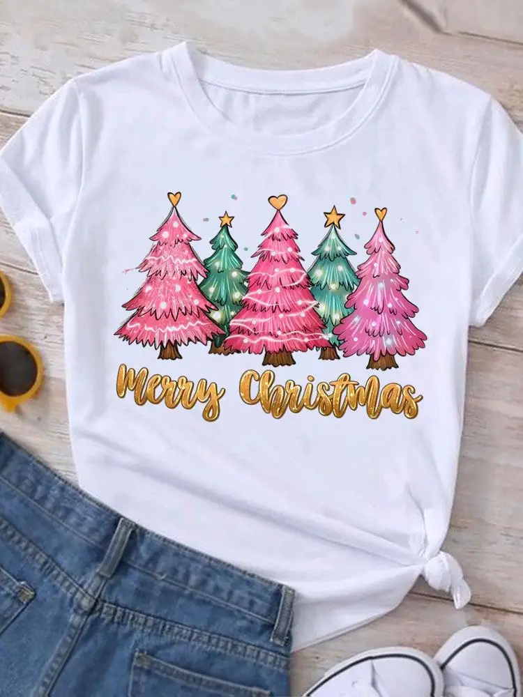 2026 leopardo carta árbol lindo Año nuevo estampado de moda ropa de vacaciones Feliz Navidad Top mujeres felices camisetas gráficas