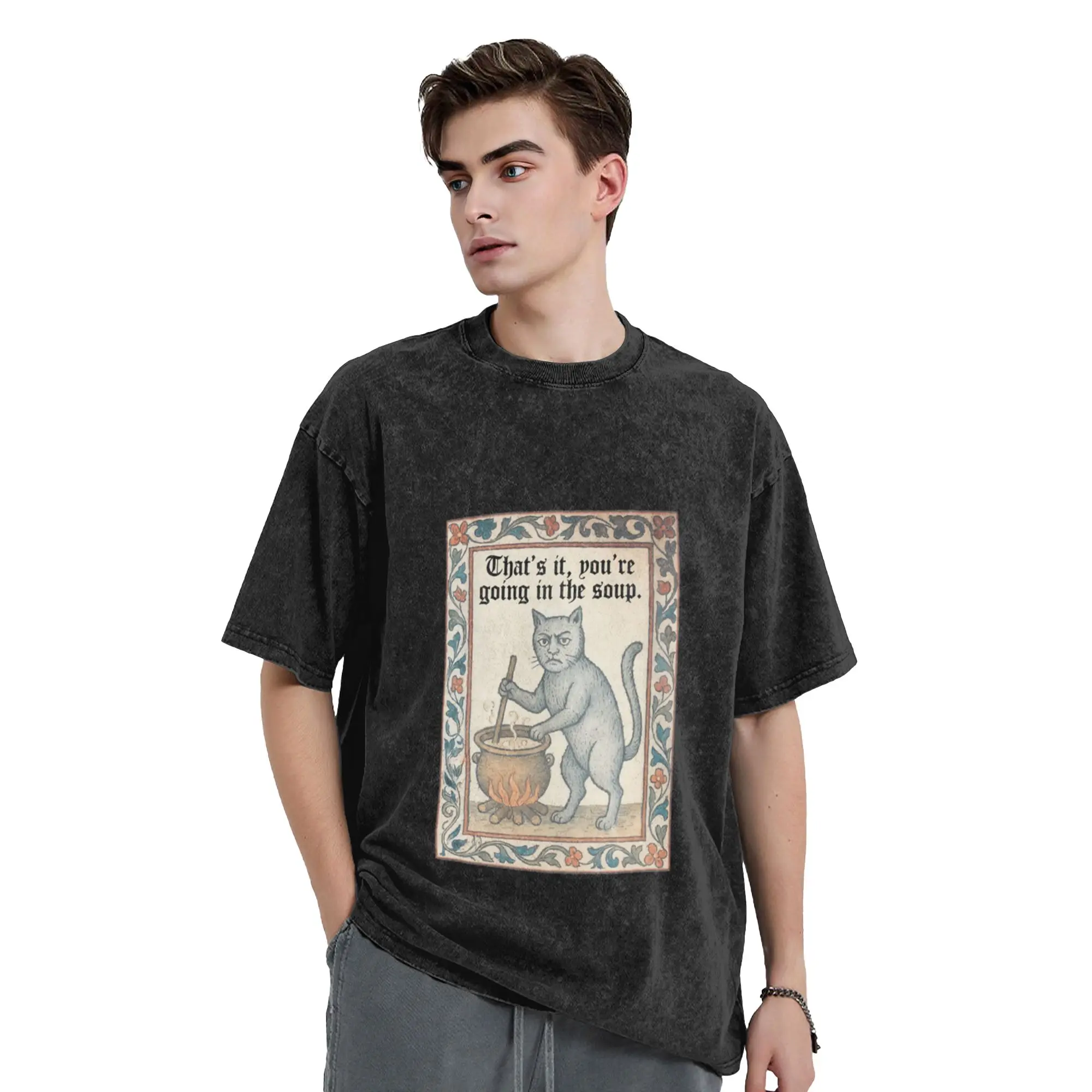 Medieval Cat Goes In The Soup Unique Stylish A Vintage Oversized Cotton Unisex T-Shirts