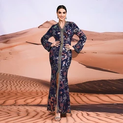 Women 2024 Elegant Long Sleeve V Neck Flower Sequined Muslim Abaya Luxury Dubai Turkey Split Evening Party Long Maxi Dresses