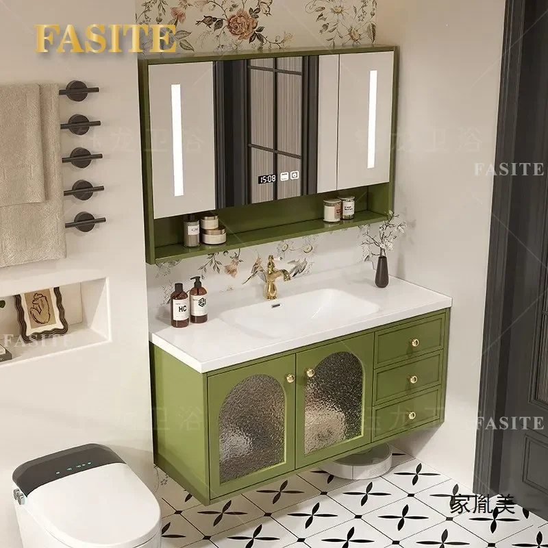 Avocado Green French Pastoral Oak Bathroom Vanity Cabinet with Integrated Ceramic Sink and Toilet Wash Basin Combo for Modern