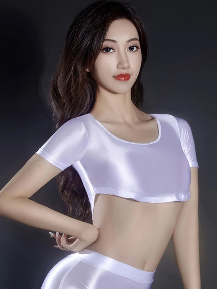 Sexy Short Sleeve T-shirt Big Round Neck Satin Smooth Tank Top Women\'s Tight Streetwear Ultrashort Tops Dancewear Candy Color