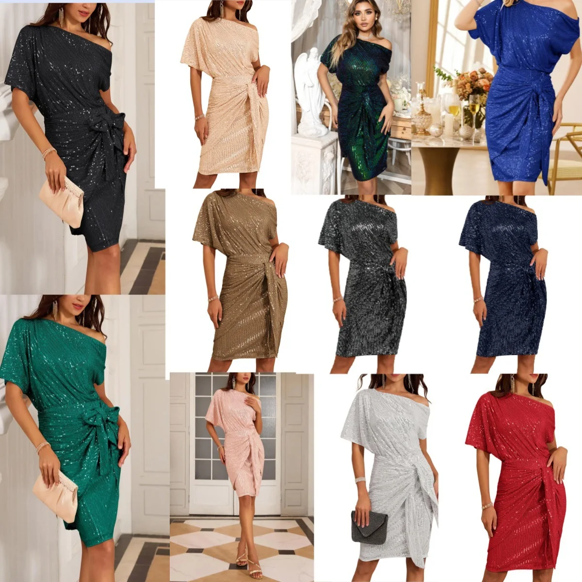 

Party Dress Women Dresses Sexy Wrap Buttocks Party Vestidos Pullover Sequin Summer Off Shoulder Knee Length Bow Night Sexy Club