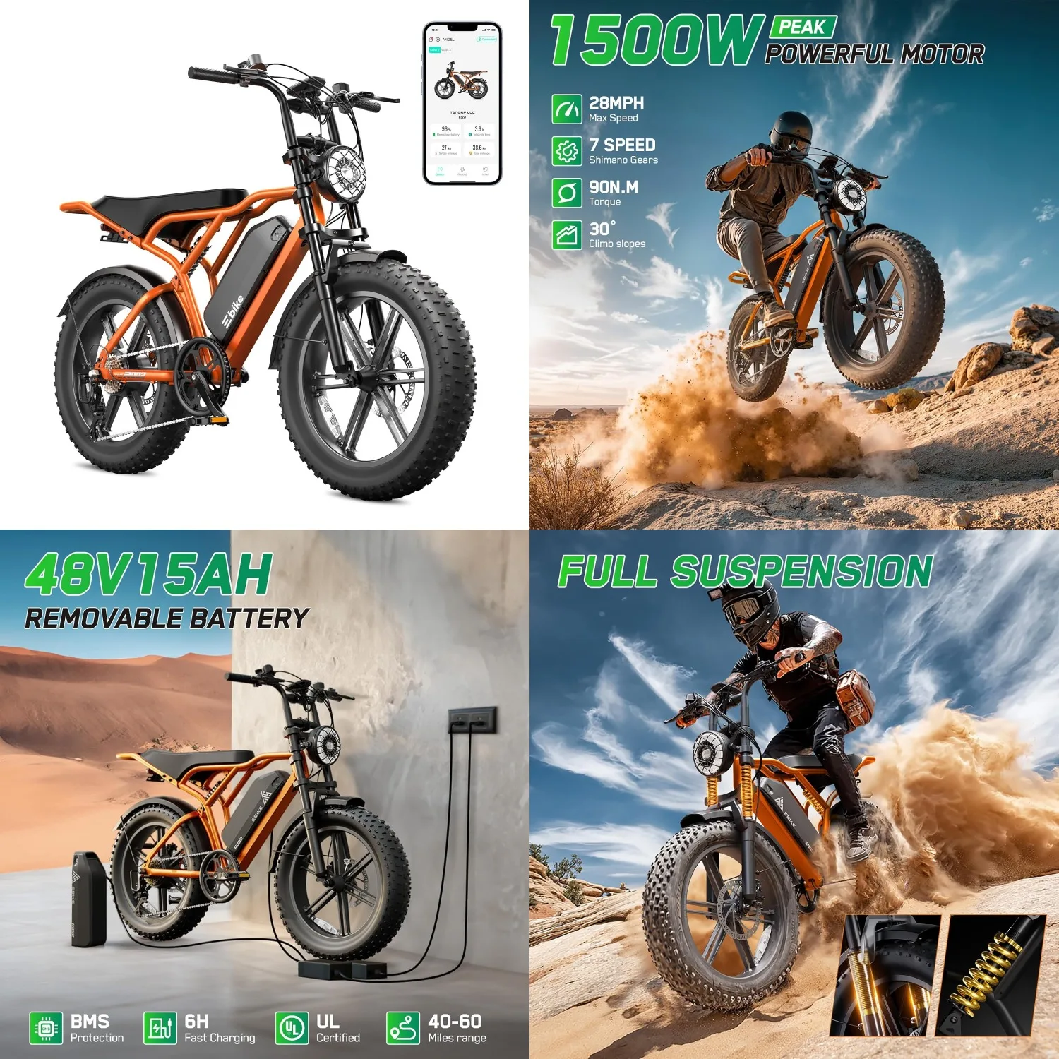 

TST Electric Bike for Adults, 1500W Peak Motor 28 MPH 60/100 Miles Fat Tire Ebike with 48V 15Ah/25Ah Removable, Customized