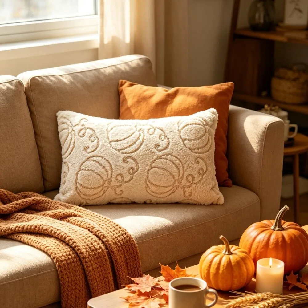 Pumpkin Maple Leaf Embroidery Throw Pillowcase Soft Fuzzy Texture Pillow Cover Autumn Cushion Case Thanksgiving Decor