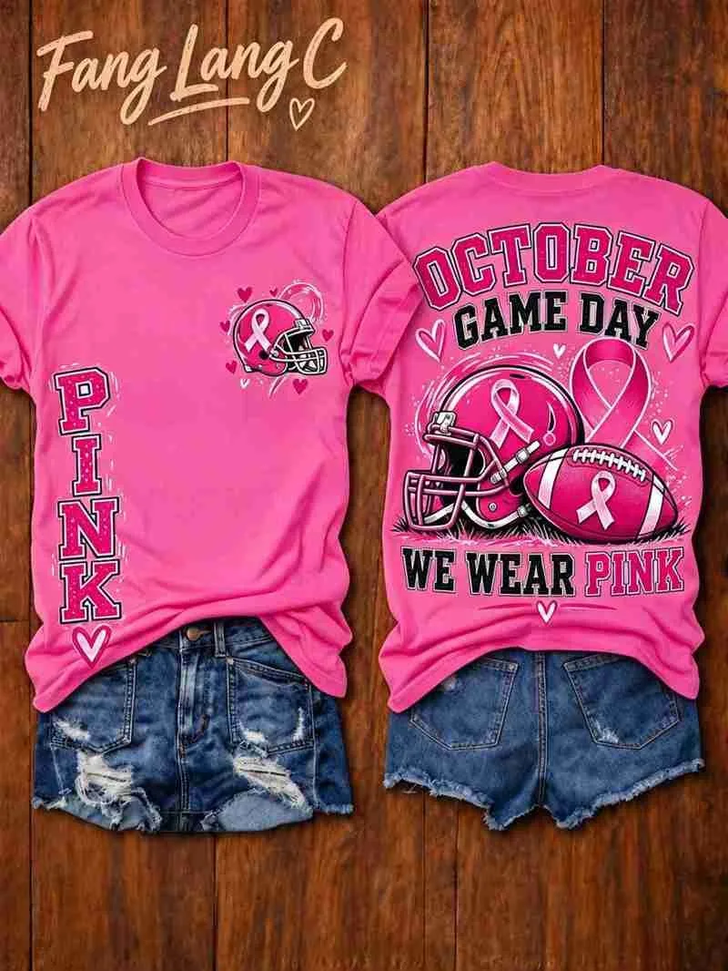 Rugby Helmet Pink Ribbon Love Print Women's T-shirt summer loose round neck short sleeved T-shirt casual sports women's clothing