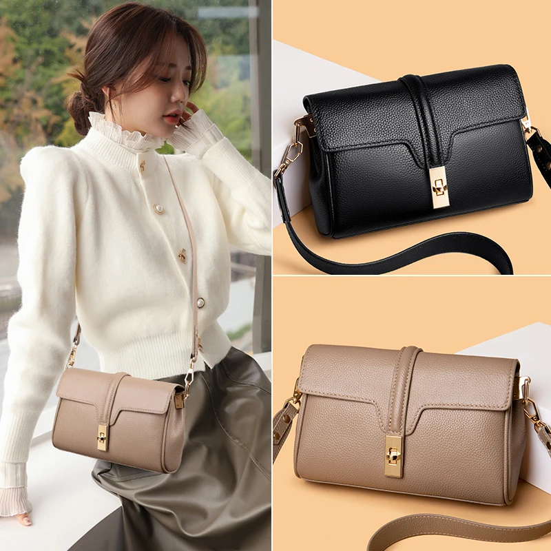 Genuine Leather Crossbody Bag Women Cowskin Shoulder Bags Designer Ladies Handbag Wide Shoulder Straps Messenger Bags Female