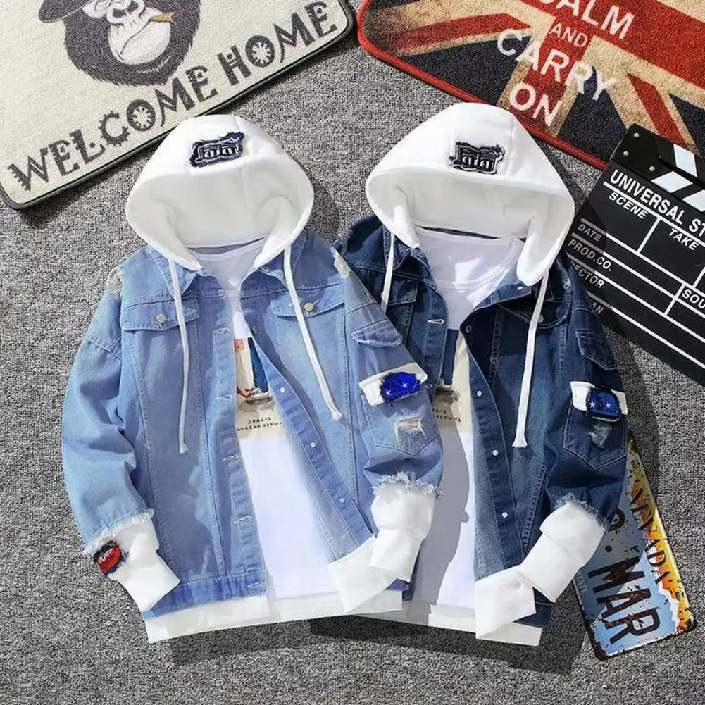Denim Jacket  Trendy Relaxed Fit Single Breasted Outerwear Coat  Spring Autumn Men Outerwear