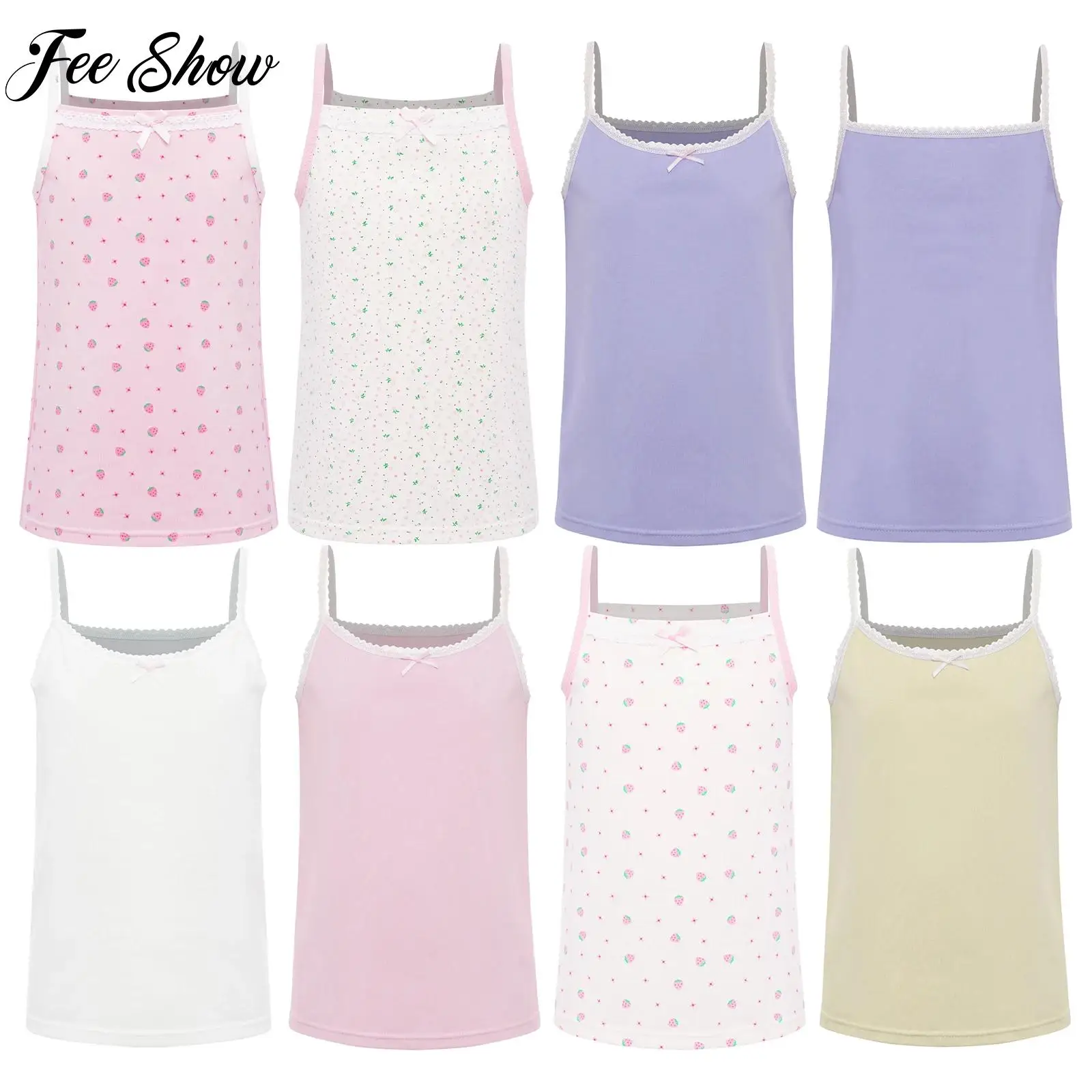 

Kids Yoga Gym Clothing Girls Fashion Cute Bowknot Lace Trim Camisole Spaghetti Straps Sleeveless Cotton Vest Underwear Dancewear