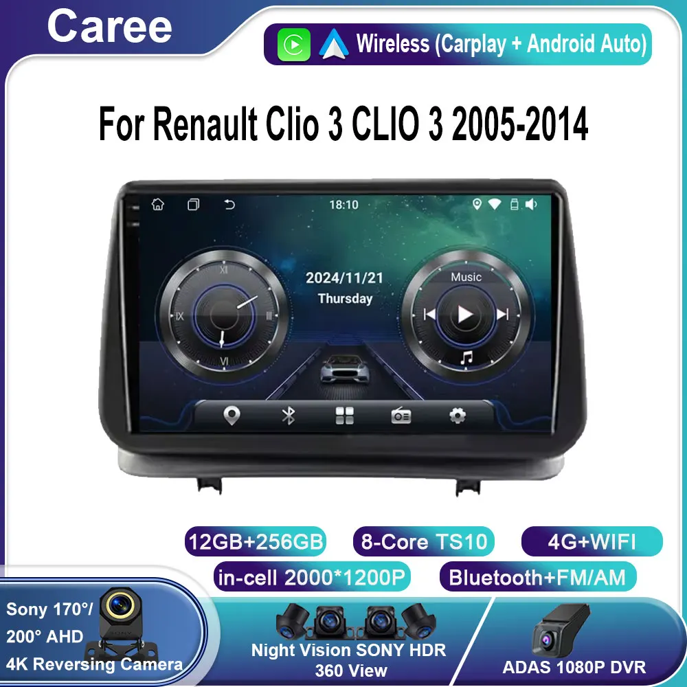 

Android 15 QLED For Renault Clio 3 CLIO 3 2005-2014 WIFI+4G Car Radio Navigation GPS Auto Carplay Stereo Video Player 360 Camera