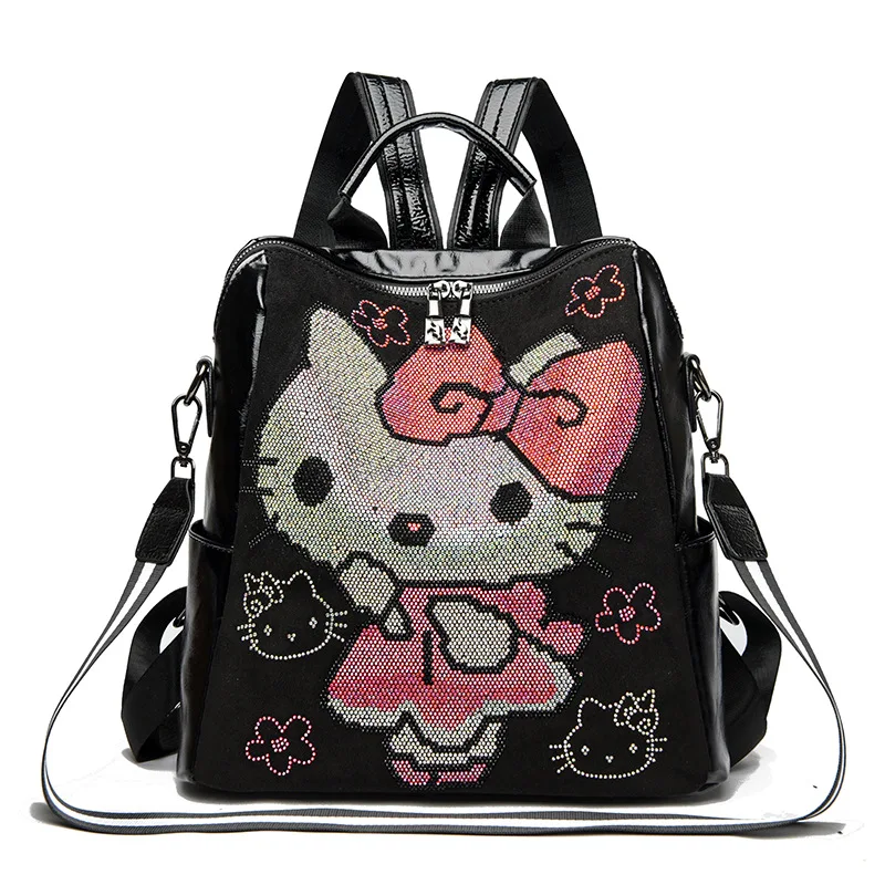 Sanrio Backpack for Women Girl Cute Large Capacity School Bag Portable Luxury Designer PU Leather Bag Studded with Diamonds