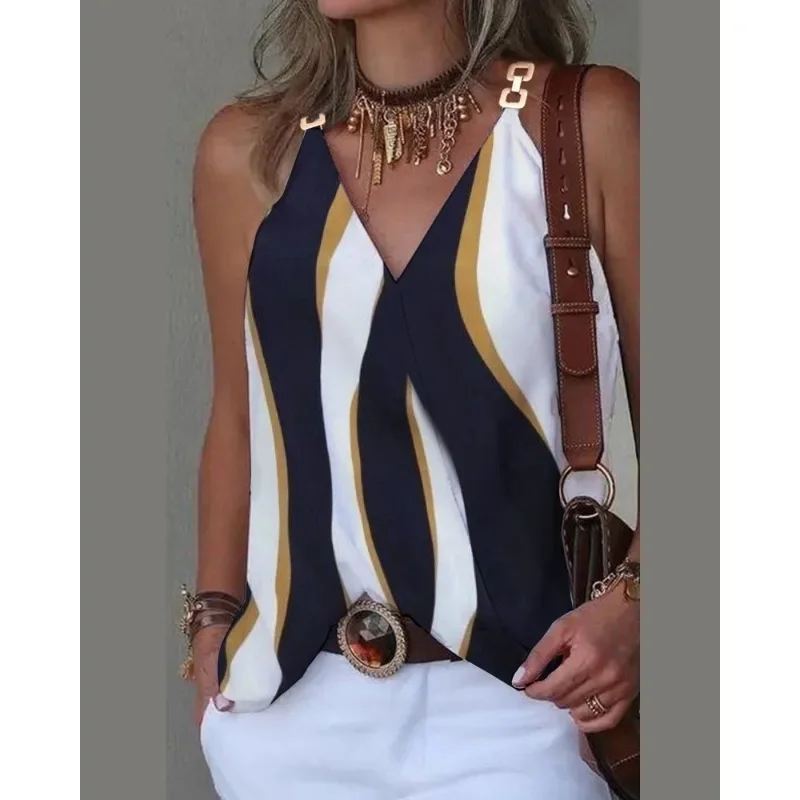 

Summer Women's V-neck Sleeveless Tank Top Fashion Metal Button Tank Top Solid Color and Printed Casual Small Tank Top