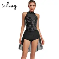 Leotardo de baile latino con diamantes de imitación brillantes para mujer, sin mangas, espalda calada, falda Irregular, mono para gimnasia latina Chacha