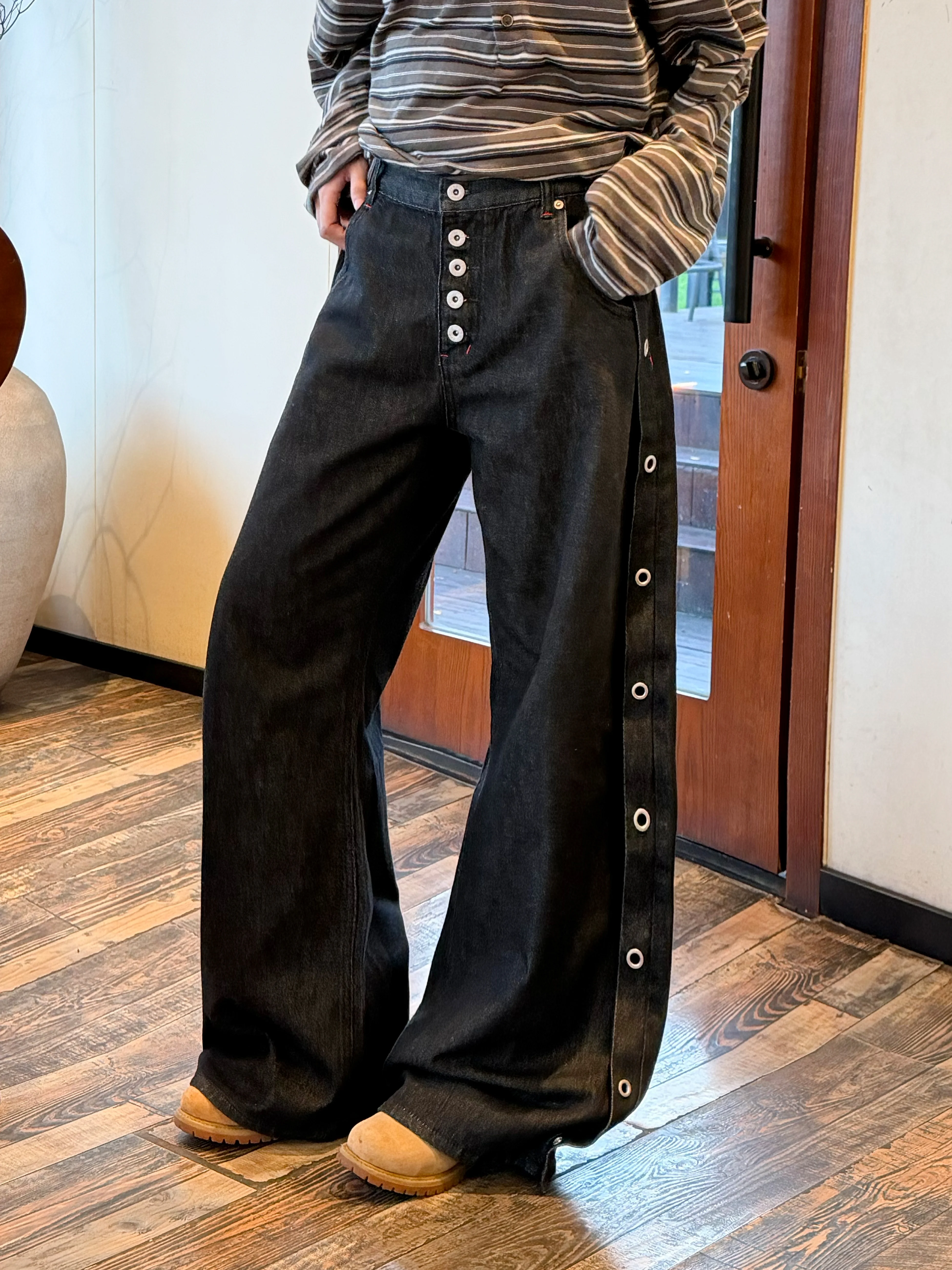 American Style Vintage Wide Leg Jeans Women's Floor-Length Knife  Denim Pants Side Button Casual High Waist Cotton Blend