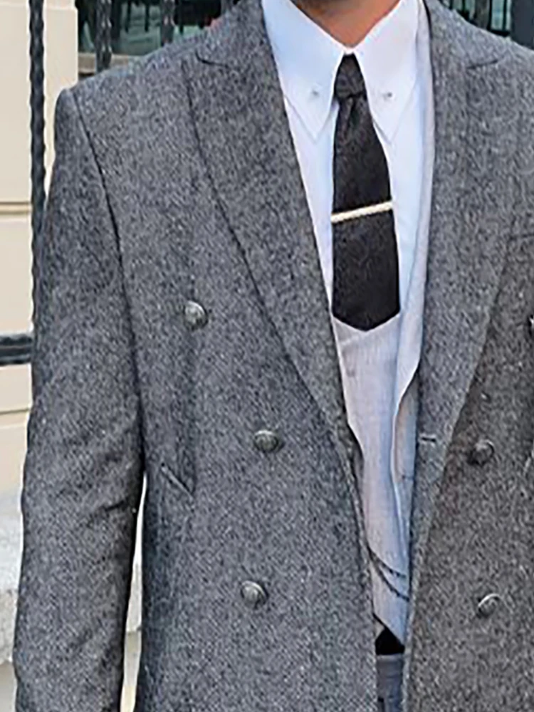 

Men's British Style Double-Breasted Lapels Elegant Suit Jacket Gray Long Sleeve Autumn Winter Fashion Male Business Jackets